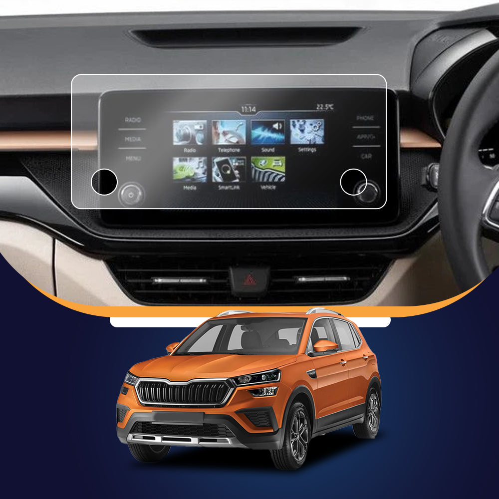 Skoda Kushaq dashboard with an outlined 8-inch infotainment screen guard