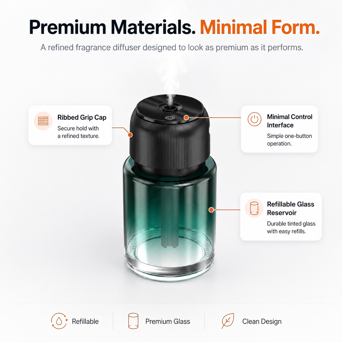 Premium materials: ribbed grip cap, one-button control and refillable tinted glass reservoir