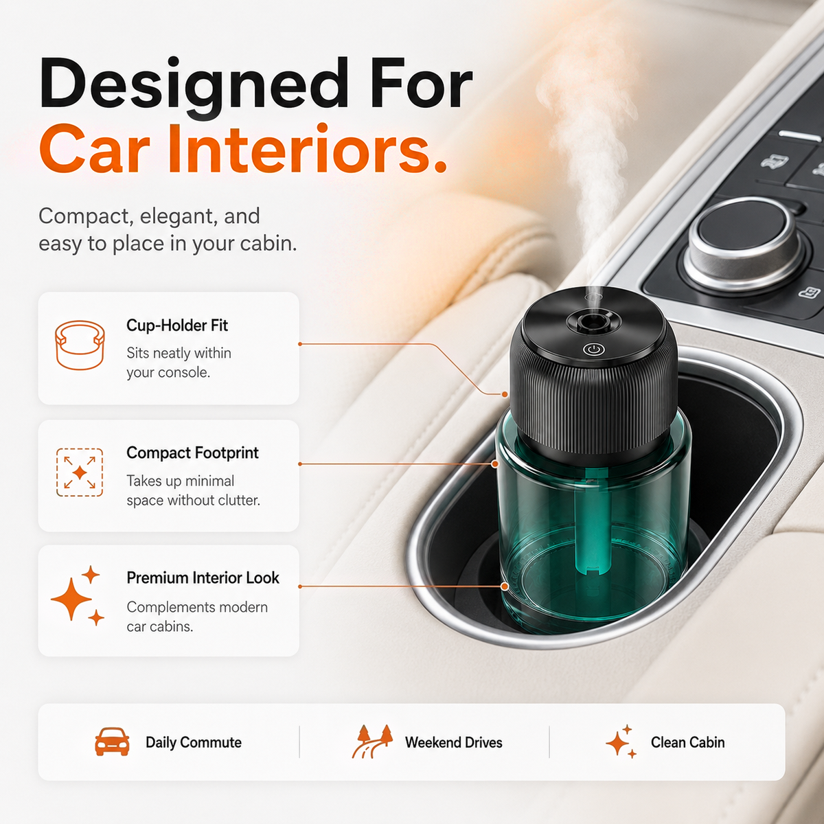 Diffuser seated in a car cup holder, showing its compact footprint