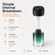 Exploded view: top nozzle, one-button control, internal wick and refillable glass body