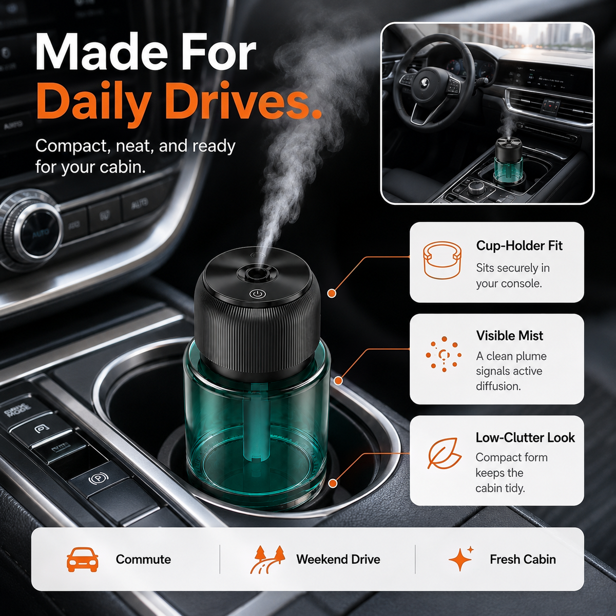Diffuser in a car console during a daily drive, with a visible mist plume