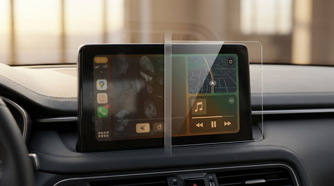 Car touchscreen staying crystal-clear and glare-free with an Armour Guards protector